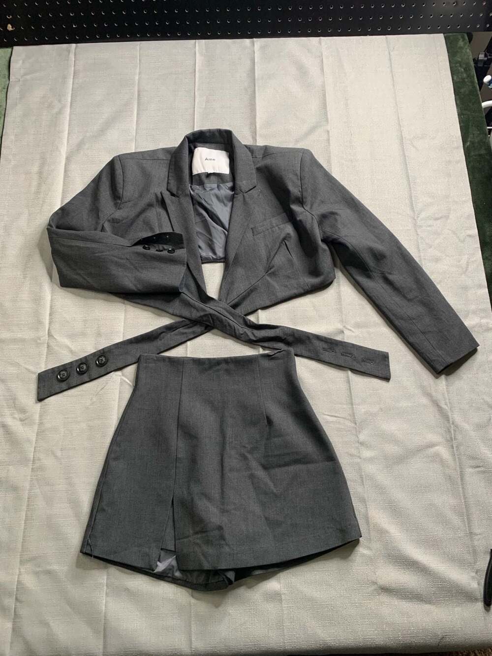 Ame Grey Two-Piece Cropped Blazer and Skirt Set